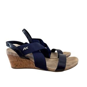 Anne Klein Navy Blue‎ Cross Strap Cork Wedge Sandals 7